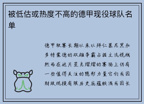 被低估或热度不高的德甲现役球队名单