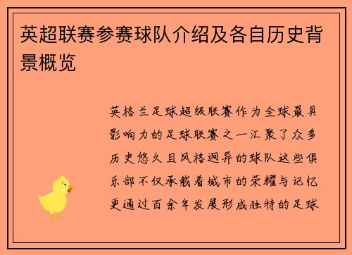 英超联赛参赛球队介绍及各自历史背景概览
