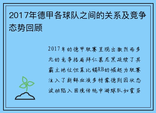 2017年德甲各球队之间的关系及竞争态势回顾