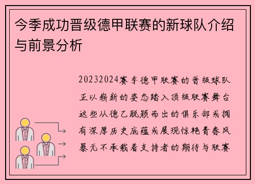 今季成功晋级德甲联赛的新球队介绍与前景分析